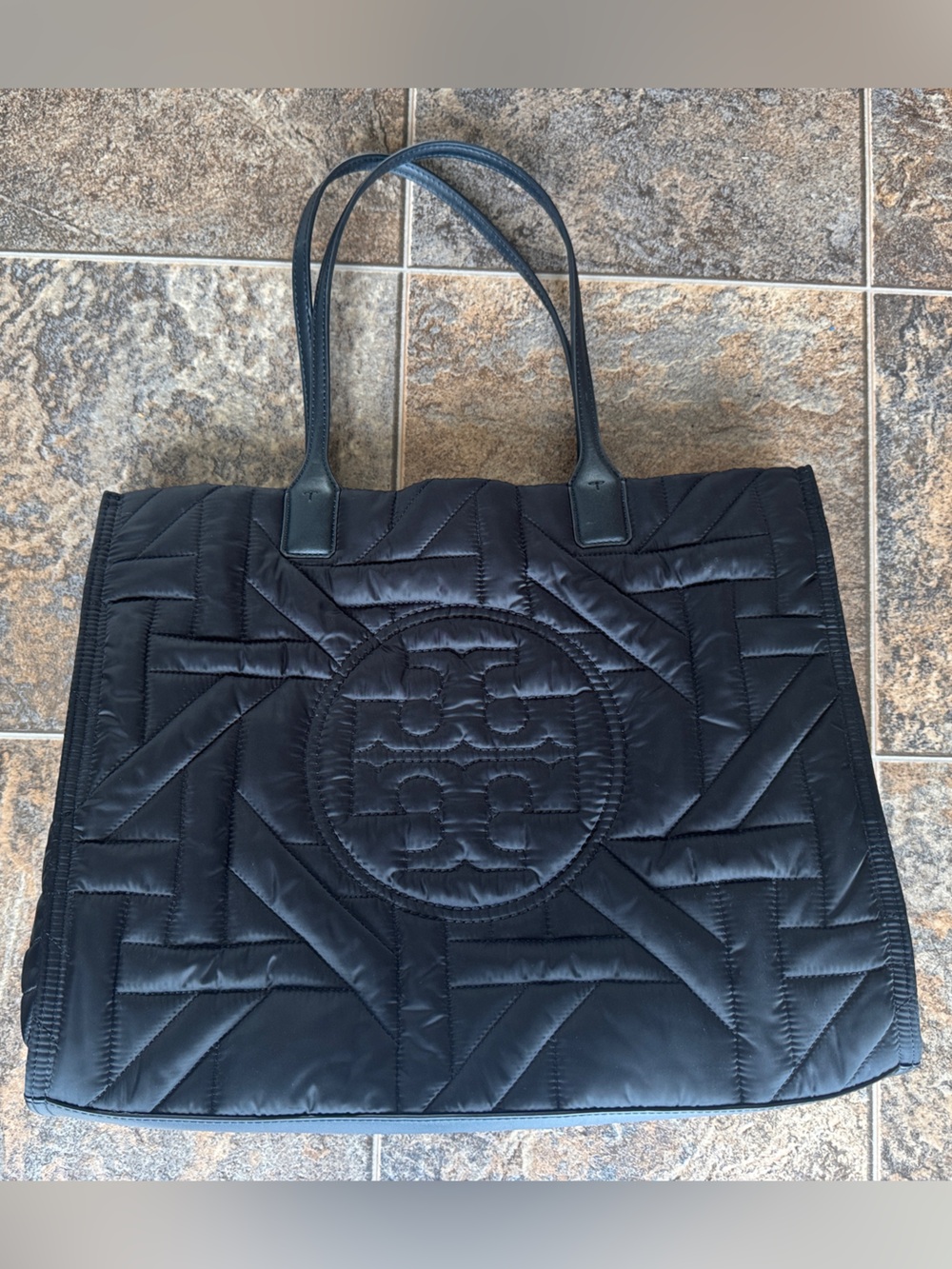 Tory Burch Ella Basketweave Quilted Satin Tote Bag- Black